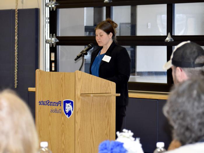 Penn State DuBois student Andrea Lecuyer speaks during the scholarship luncheon at the PAW Center.
