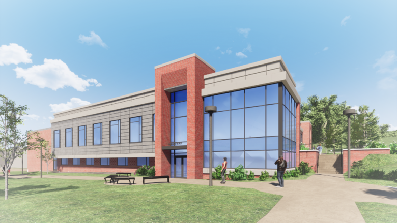 An architectural rendering of the Physical Fitness, Athletics and Wellness Center at Penn State DuBois